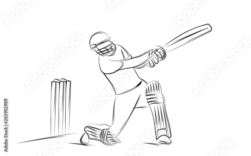 Concept of Batsman playing cricket - championship, Line art design Vector illustration
