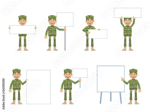 Set of military man characters posing with different blank banners. Cheerful soldier with paper, poster, placard, pointing to whiteboard, teach, advertise, promote. Flat style vector illustration