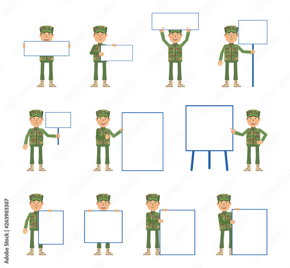 Big set of military man characters posing with different blank banners. Cheerful soldier holding paper, poster, placard, pointing to whiteboard. Teach, advertise, promote. Flat vector illustration