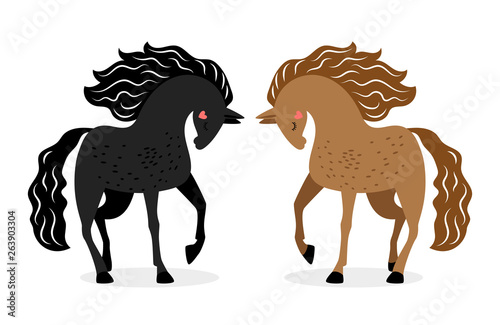 Two horses in love. Black and red horses vector illustration. Horse animal with mane black and brown