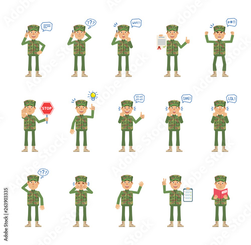 Big set of military man characters showing different actions, gestures, emotions. Cheerful soldier talking on phone, holding stop sign, document and doing other actions. Simple vector illustration