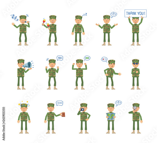 Big set of military man characters showing different actions, gestures, emotions. Cheerful soldier singing, sleeping, holding loudspeaker, banner and doing other actions. Simple vector illustration