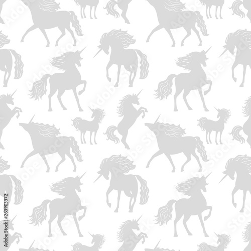 Vector horses unicors gray silhouettes seamless pattern. Horse and unicorn, animal magic, mythology silhouette illustration