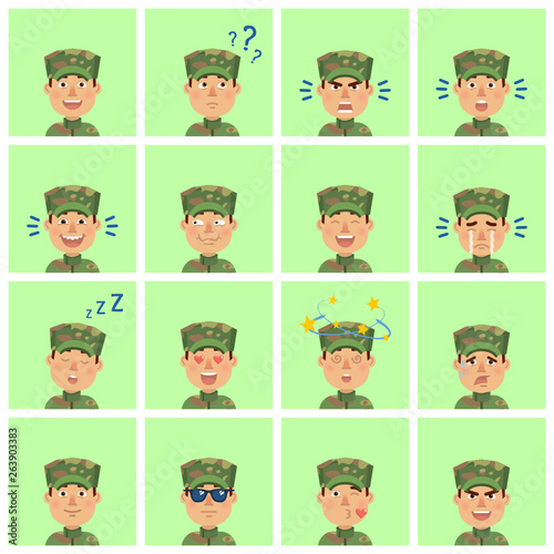 Big set of military man emoticons. Soldier showing different facial expressions. Happy, sad, smile, laugh, cry, surprised, serious, dizzy, sleepy and other emotions. Flat vector illustration