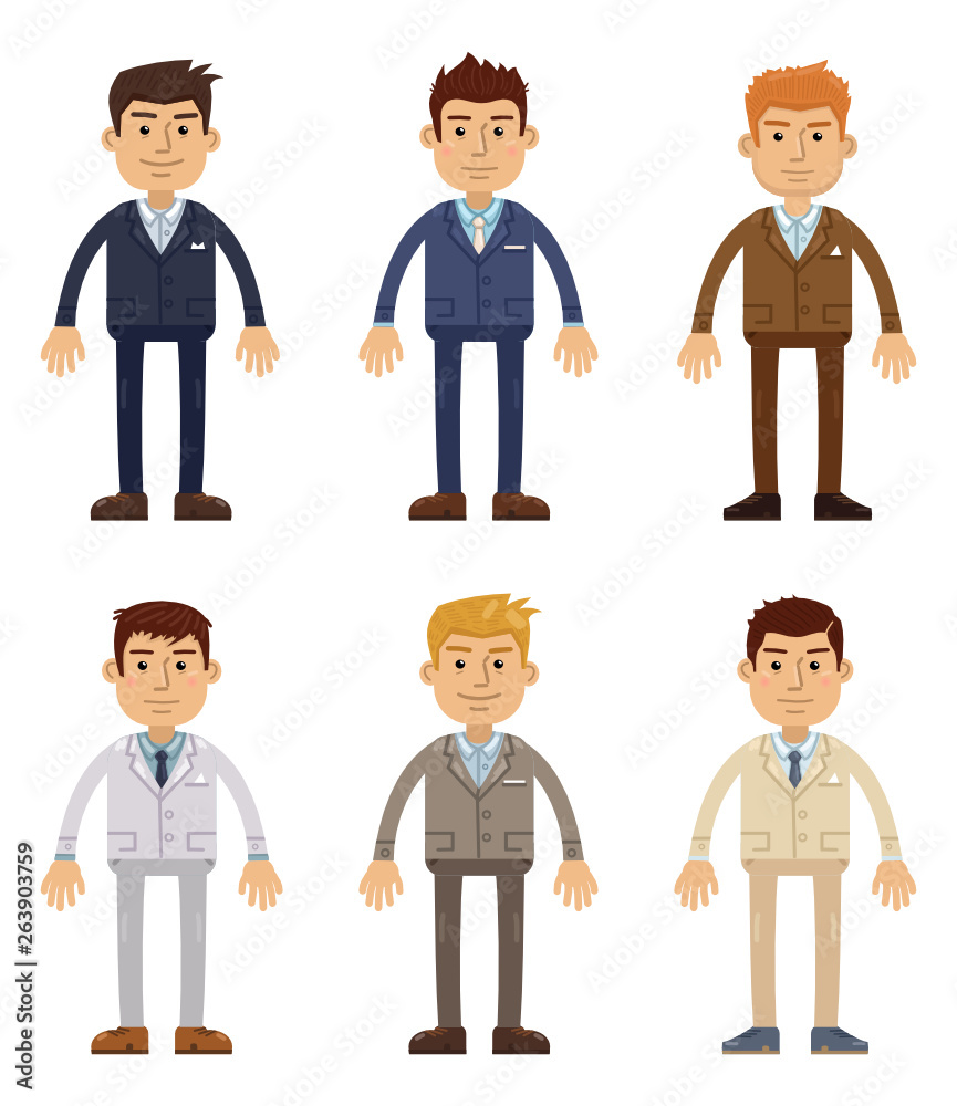 Set of different cartoon businessman characters. Cheerful businessman in dark, white, brown, light, grey suit. Business team. Flat style vector illustration Set of different cartoon businessman characters. Cheerful businessman in dark, white, brown, light, grey suit. Business team. Flat style vector illustration