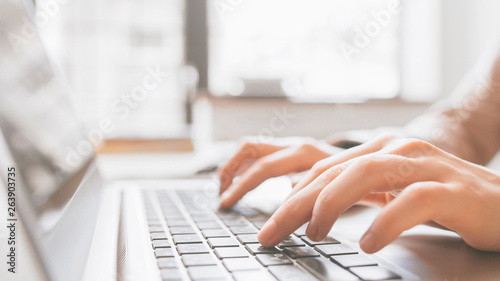 Distance education. Online college training. Remote student learning. Closeup of hands typing on laptop. photo