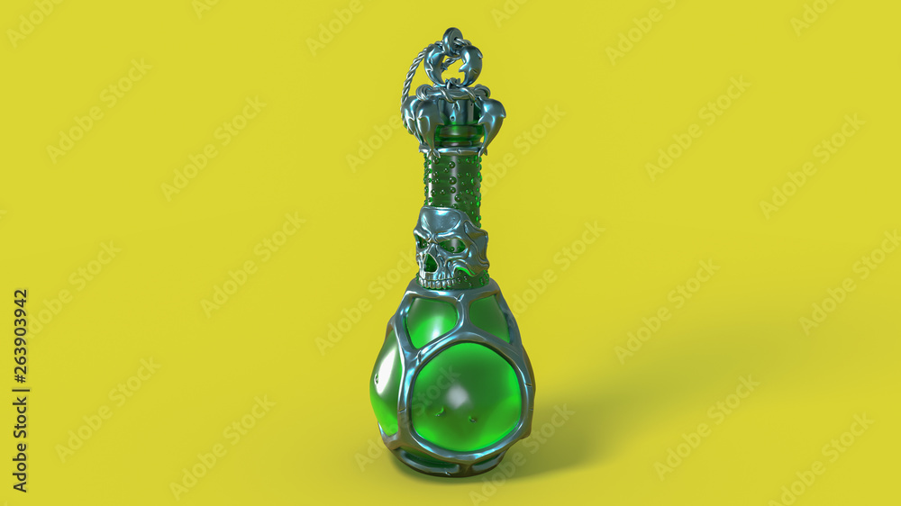 3d rendering of an old mystic Halloween fantasy magic spooky bottle on yellow background. Antique and vintage glass bottle with scratched metal skull mask and figures of dolphins. Magic liquid concept 3d rendering of an old mystic Halloween fantasy magic spooky bottle on yellow background. Antique and vintage glass bottle with scratched metal skull mask and figures of dolphins. Magic liquid concept