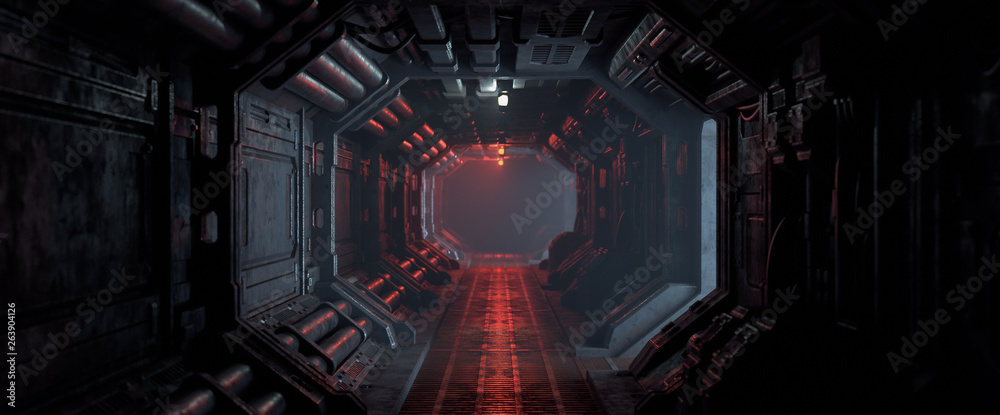 Fototapeta premium Renderowanie 3d realistycznego sci-fi ciemnego korytarza z czerwonym światłem. Futurystyczny tunel z metalowymi ścianami grunge. Tunel cyberpunkowy. Widok wnętrza. Nowoczesna futurystyczna hala. Pusty korytarz w statku kosmicznym. Mgła.