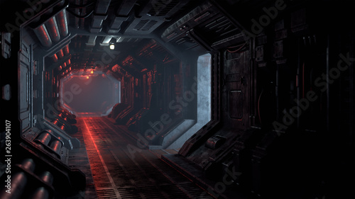 3d rendering of realistic sci-fi dark corridor with red light. Futuristic tunnel with grunge metal walls. Cyberpunk tunnel. Interior view. Modern futuristic hall. Empty corridor in a spaceship. Fog.