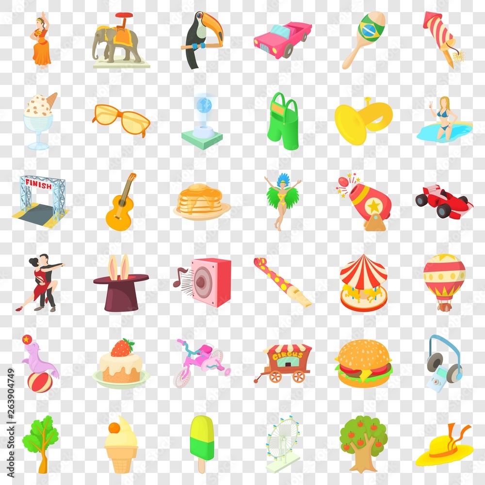 Amusement activity icons set. Cartoon style of 36 amusement activity vector icons for web for any design