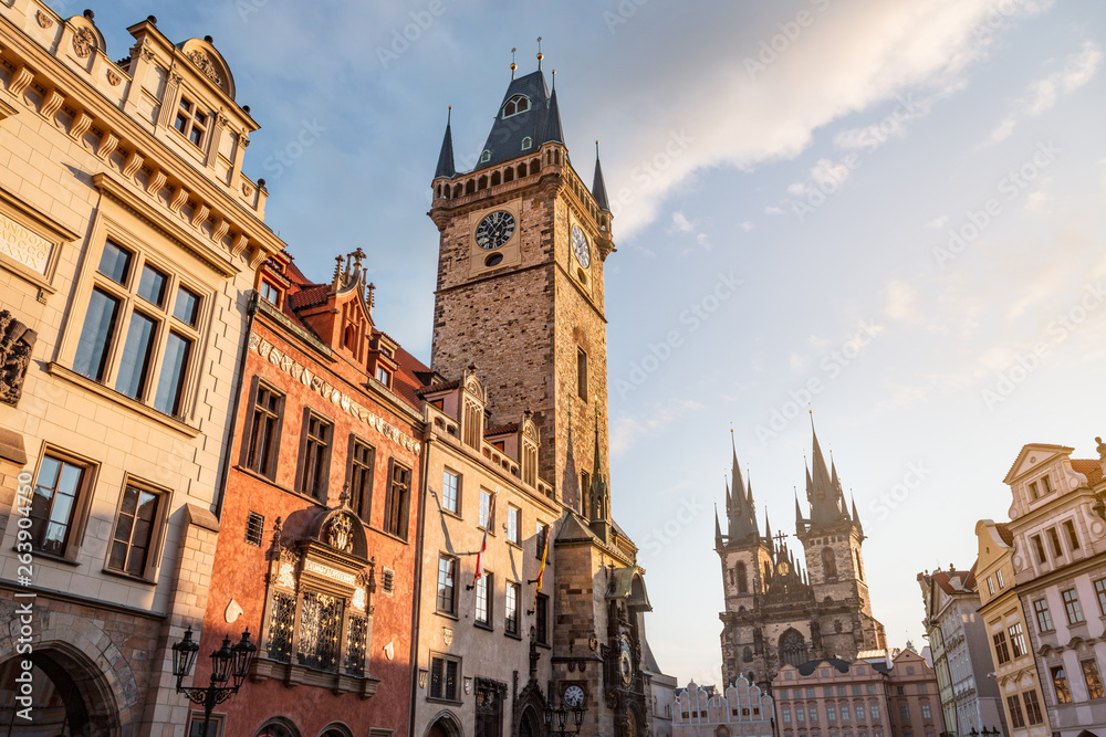 Prague old town with town hall and Tyn church