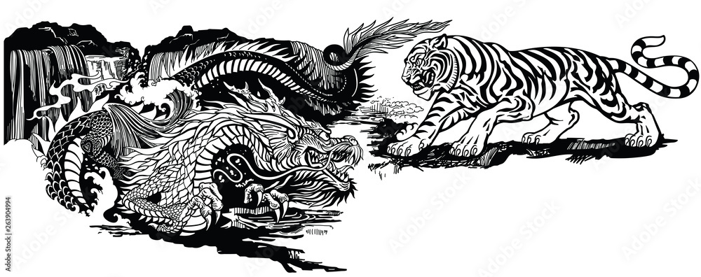 Fototapeta Chiński smok wschodnioazjatycki kontra tygrys. Dwa duchowe stworzenia w buddyzmie reprezentujące ducha niebo i materię ziemię. Czarno-biały styl graficzny ilustracja wektorowa