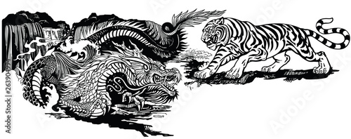 Chinese East Asian dragon versus tiger . Two spiritual creatures in the Buddhism representing the spirit heaven and matter earth. Black and white graphic style vector illustration