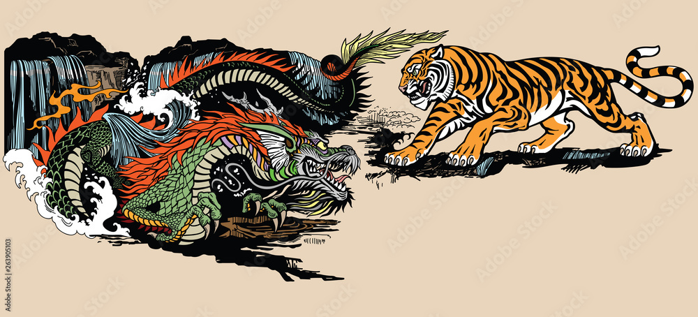 Fototapeta Zielony smok wschodnioazjatycki kontra tygrys. Dwa duchowe stworzenia w buddyzmie reprezentujące ducha niebo i materię ziemię. Ilustracja wektorowa styl graficzny