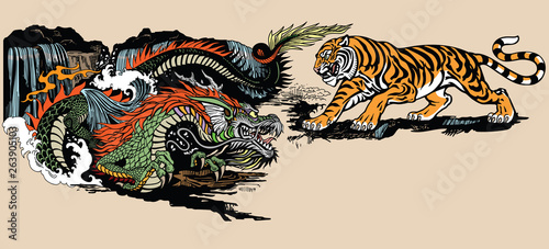 Green Chinese East Asian dragon versus tiger . Two spiritual creatures in the Buddhism representing the spirit heaven and matter earth. Graphic style vector illustration