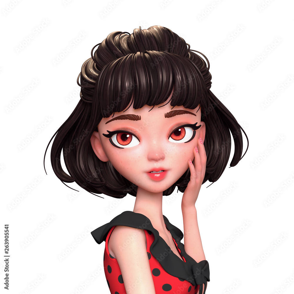 3d cartoon character of a brunette girl with big brown eyes touching her  face. Beautiful cute