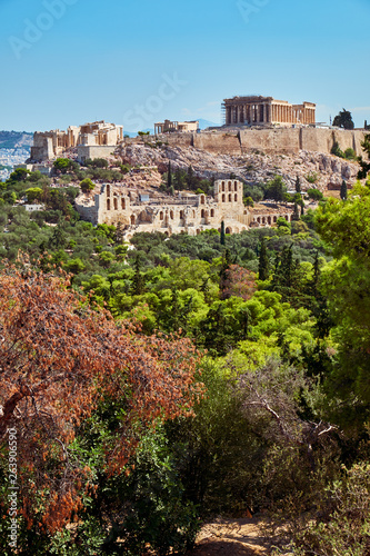 Beautiful view of the Acropolis of Athens. The main attraction of the city.