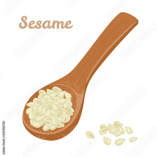 Sesame seeds in a wooden spoon isolated on white background. Vector illustration in cartoon simple flat style.