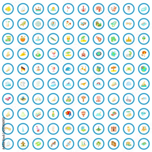 100 travel time icons set in cartoon style for any design vector illustration