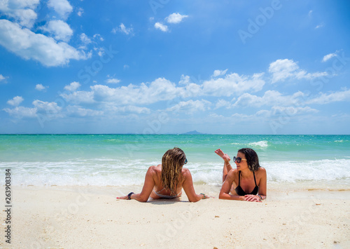 Two women enjoying their  holidays on a transat