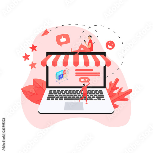 Online shopping concept, shopping basket and man, buying online store	