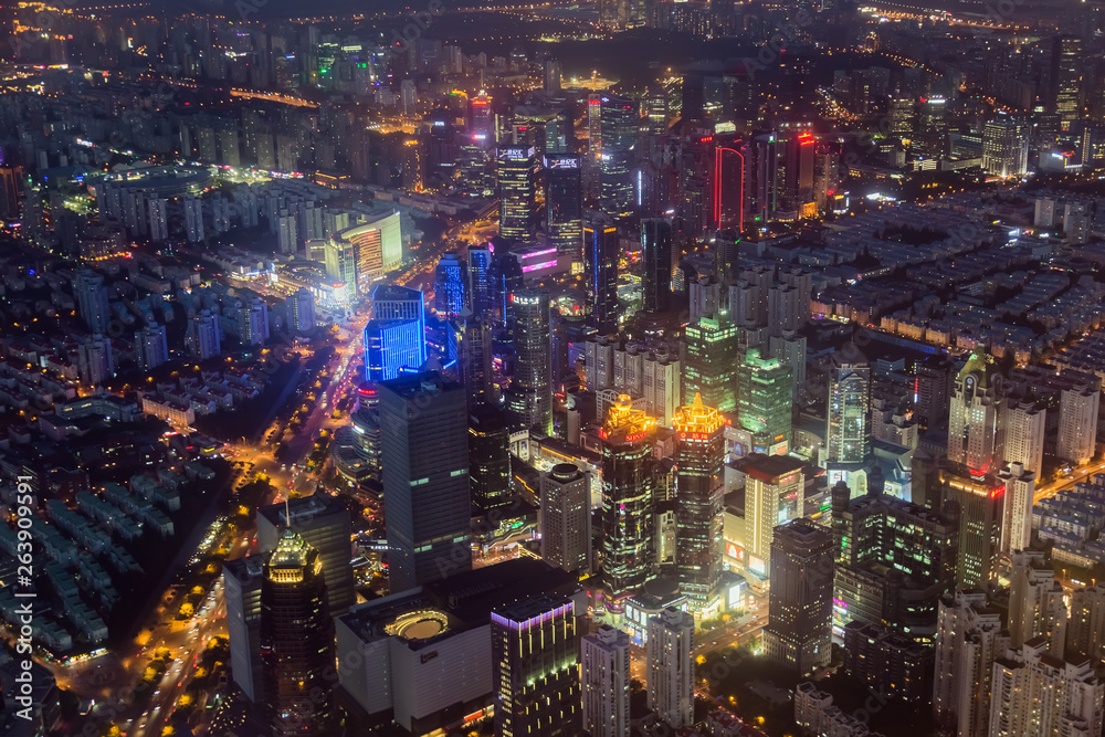 Shanghai, China - May 23, 2018: A night view from Shanghai tower to the modern skyline in Shanghai, China