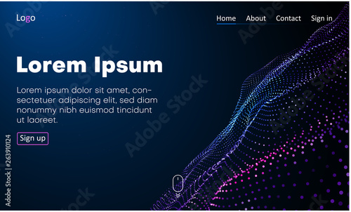 Blue web homepage template with icons and abstract digital neon pattern.