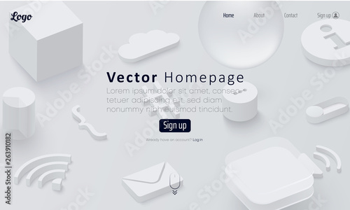 Grey web homepage template with icons and abstract internet symbols.