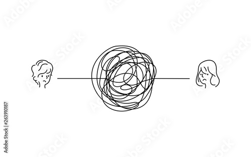 complicated couple relationship problem illustration. sad boy and girl face with messy line connection. tangled scribble line vector path doodle design.