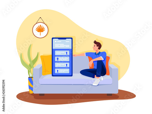 Social networks, chatting, dating app. Young man are sitting with big smartphone on the sofa and talking to phone. Flat vector concept illustration isolated on white.