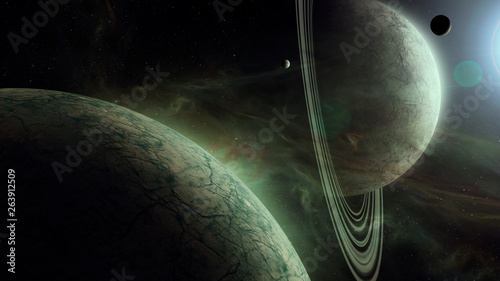 Fototapeta Naklejka Na Ścianę i Meble -  surreal space landscape with giant planets and sattelites in bright star light realistic digital illustration