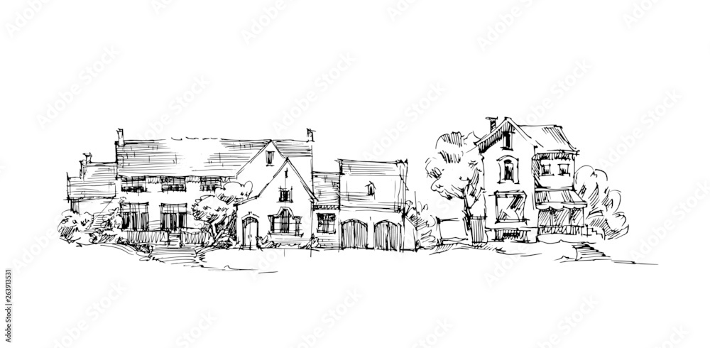 Rural sketch andscape. Vector illustration. Ink hand drawing landscape.