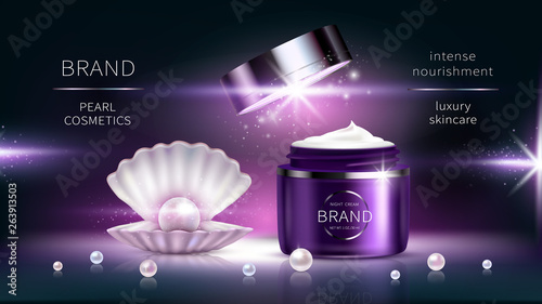 Pearl cosmetics, vector realistic advertising poster. Shiny luxury packaging for cosmetic anti-aging product next open shell and precious pearls on dark purple background, mock up for glossy magazine