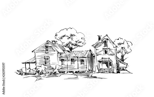 Rural sketch andscape. Vector illustration. Ink hand drawing landscape.