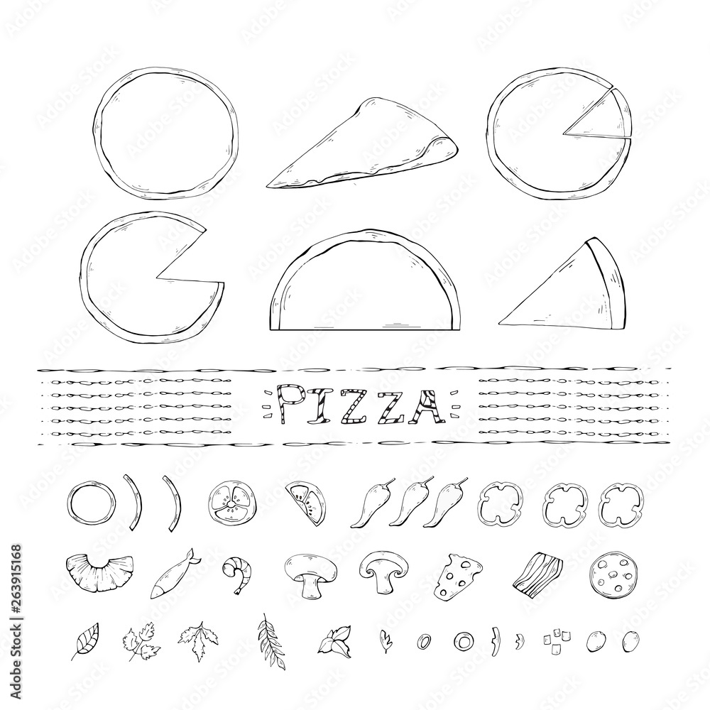 Vector pizza set,collection with with various ingredients