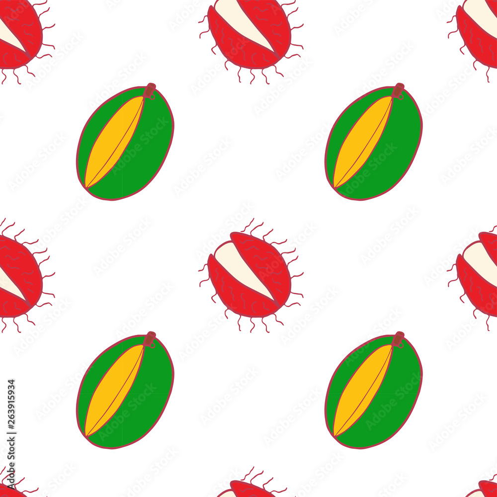 Fototapeta premium Fruit mango and rambutan seamless pattern