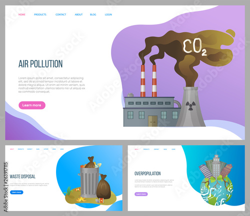 Air pollution vector, waste disposal and overpopulation, environmental problems on planet with skyscrapers and garbage in metal cans set. Website or landing page flat style. Concept for Earth day
