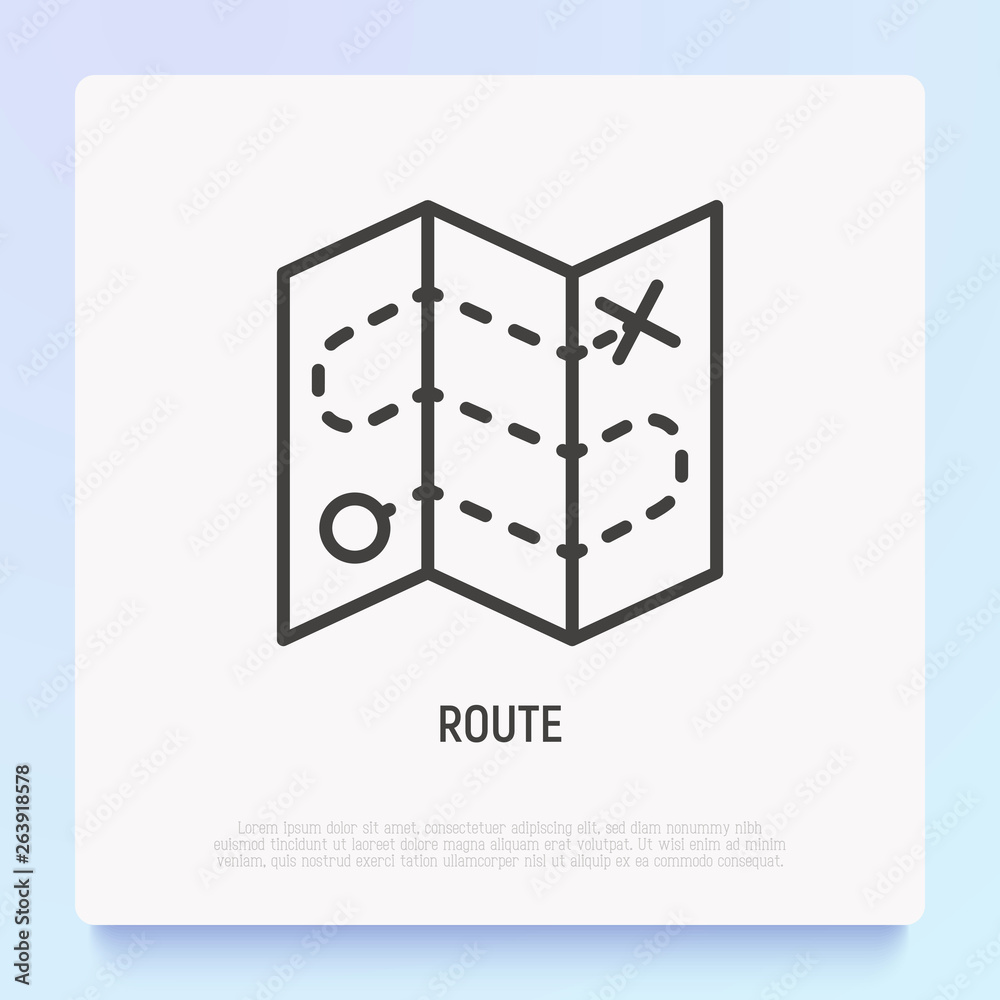 Route on folded map thin line icon. Modern vector illustration of navigation. Route on folded map thin line icon. Modern vector illustration of navigation.