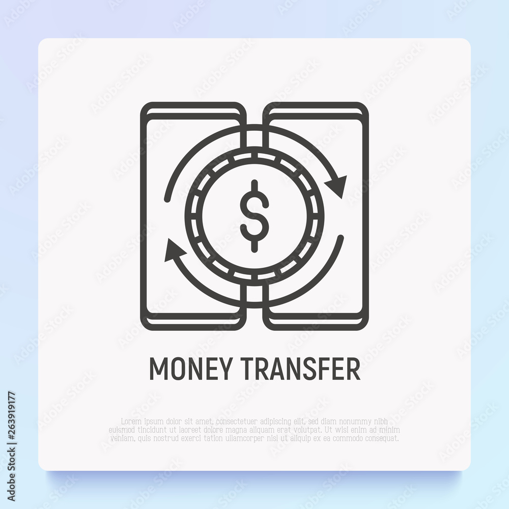 Mobile money transfer thin line icon: transaction between two smartphones. Modern vector illustration.