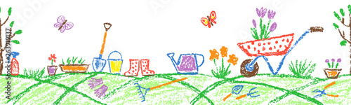 Seamless border background gardening tools in garden or farm set. Like child hand drawing outdoor header banner design. Crayon pencil vector flower, shovel, fence, cart, rubber boots, plant, rake