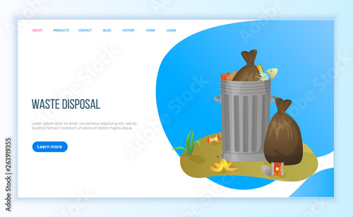 Waste disposal, tank of garbage, bin filled with waste bags, organic and metal objects, global problem of planet, pollution and recycling vector. Website or landing page flat style for Earth day3