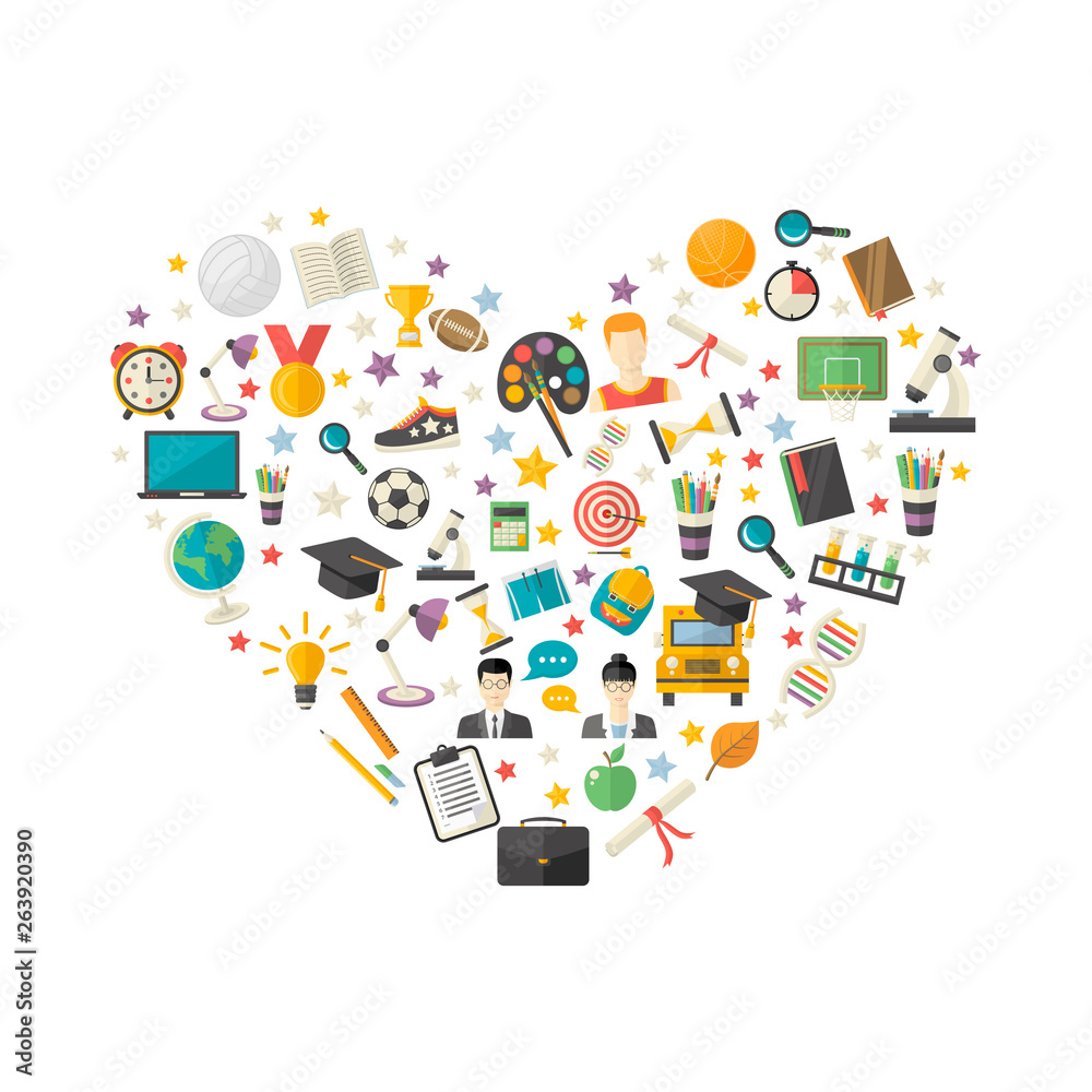 Education,knowledge icon set in heart symbol in flat style vector illustration Education,knowledge icon set in heart symbol in flat style vector illustration