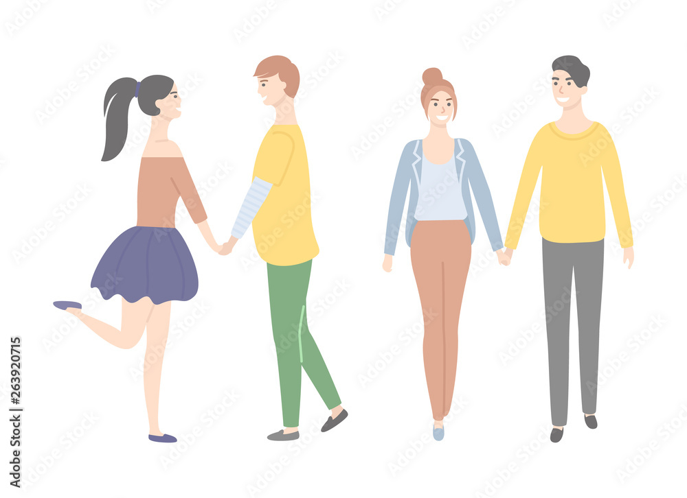 Obraz premium Vector cartoon students in love, male and female characters. Dating teenagers, girl in short skirt or trousers, boy in yellow sweater isolated people