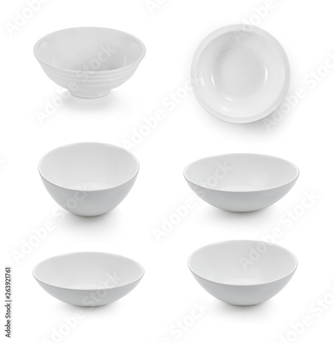 collection of ceramic white bowl on white background