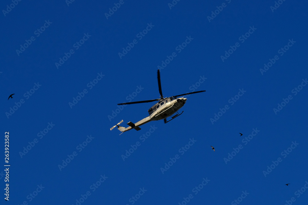 Fototapeta premium gray helicopter in the blue sky