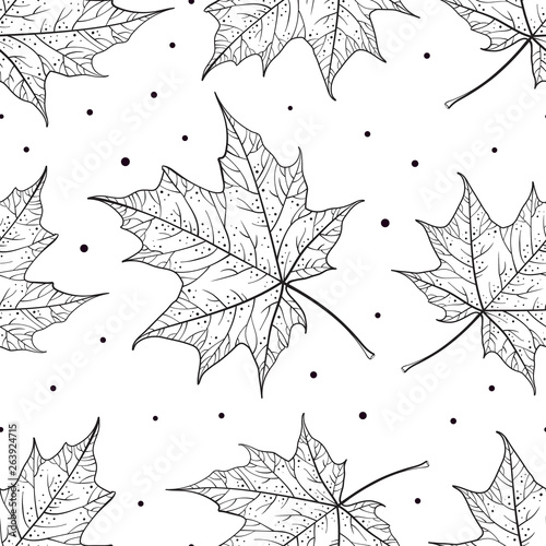 Black and white maple leaves vector seamless pattern