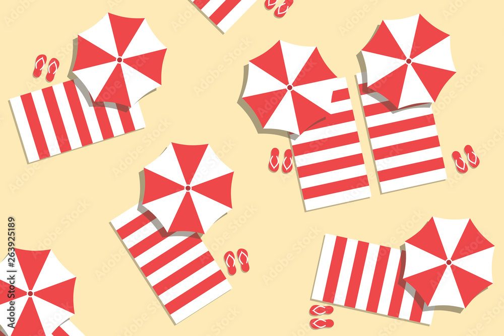 Obraz premium Crowded beach vector in aerial top view. Summer holiday illustration with sun beds and sand beach.