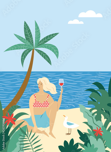 young woman relaxes and drinks wine on the beach, near seagull , tropical plants around