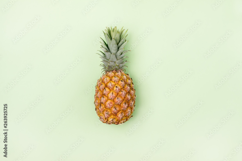Lonely Pineapple on Light Green Background Tasty Raw Pine apple Minimal Concept Top View Copy Space