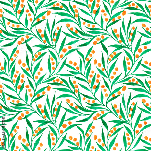 drawing with watercolor branches with green leaves and orange fruits on a light color